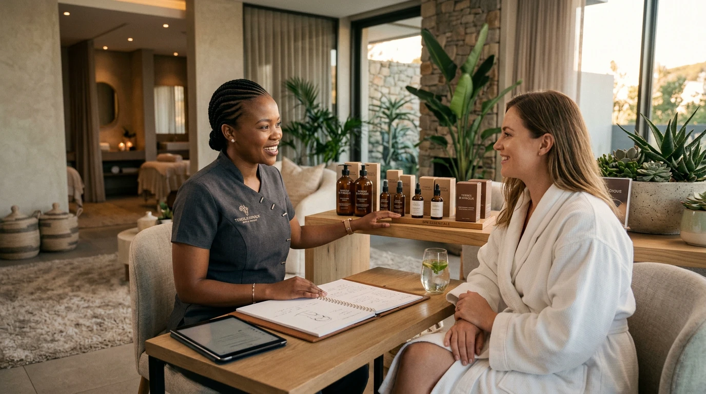 Professional beauty therapist consulting with a client in a luxury South African spa