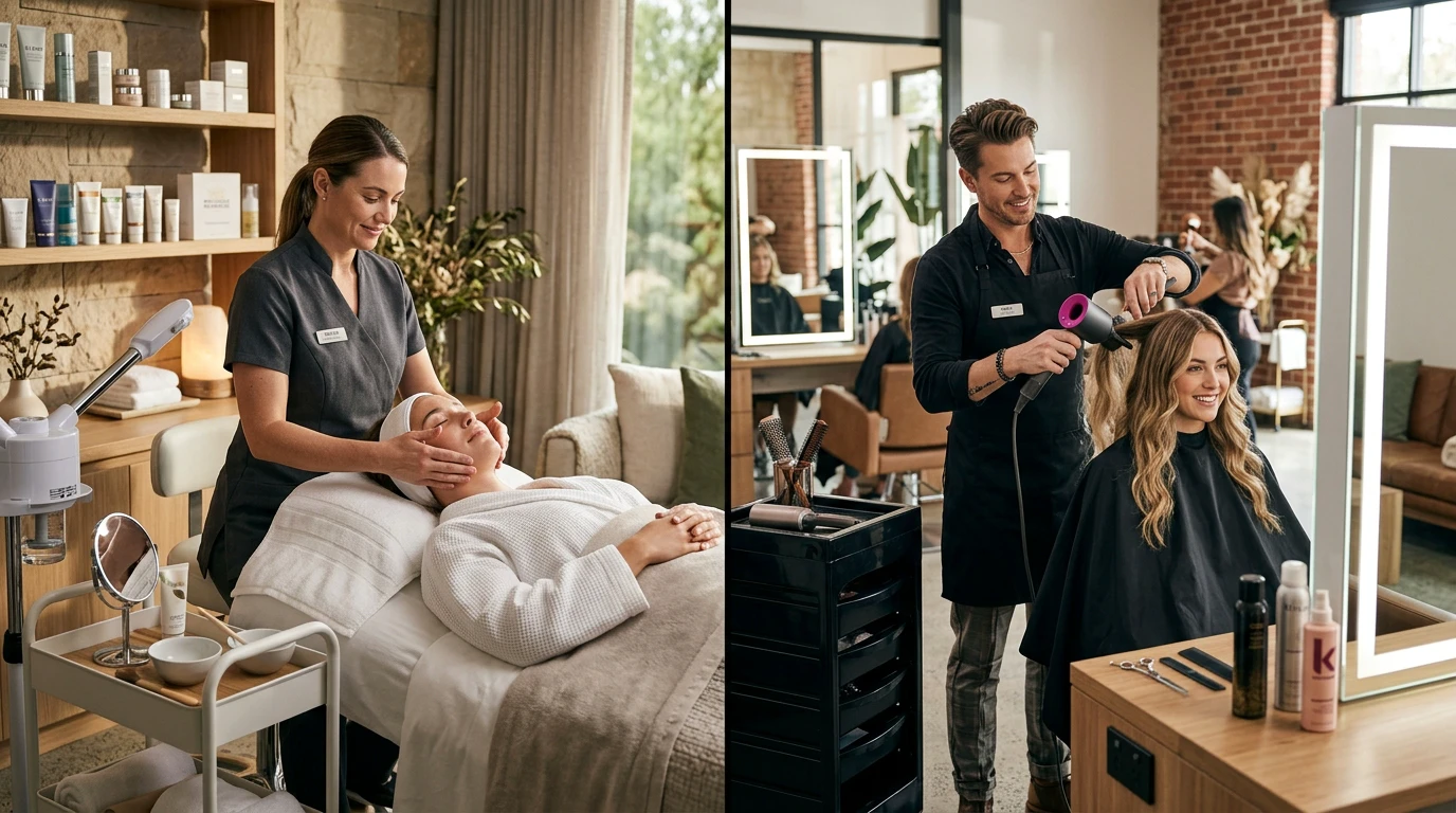 Beauty therapy and cosmetology side-by-side comparison in professional salon environments