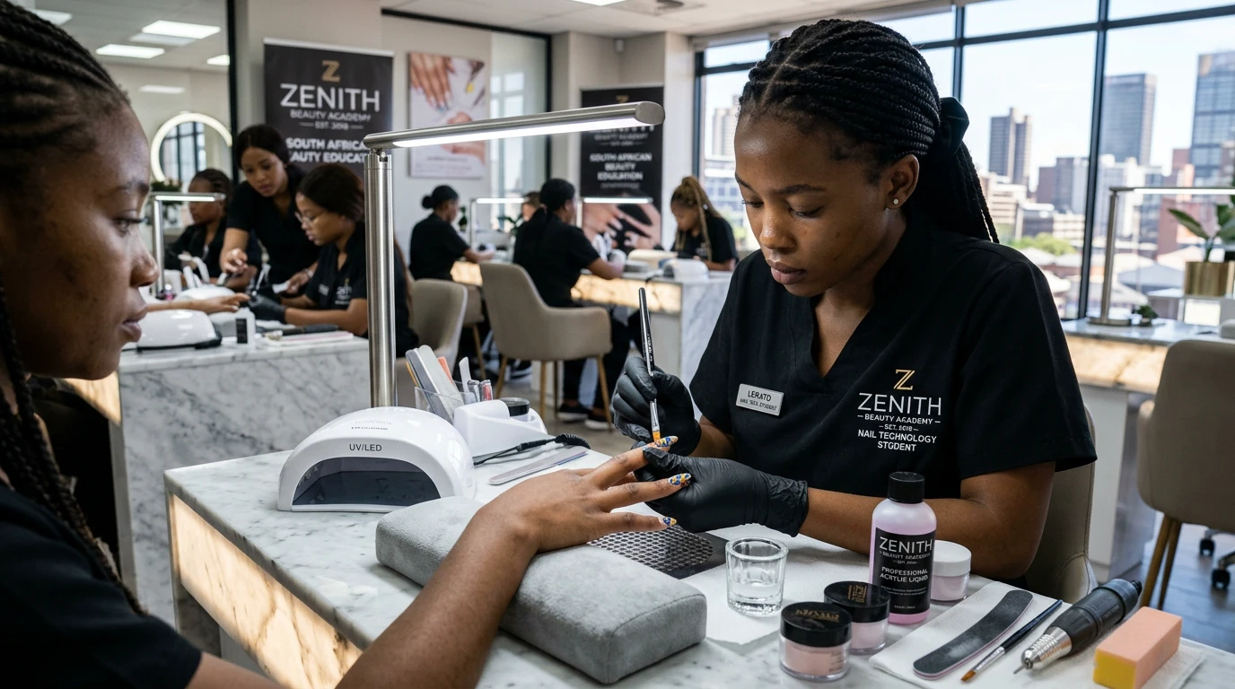 Nail technology student practising acrylic nail application at a South African beauty academy