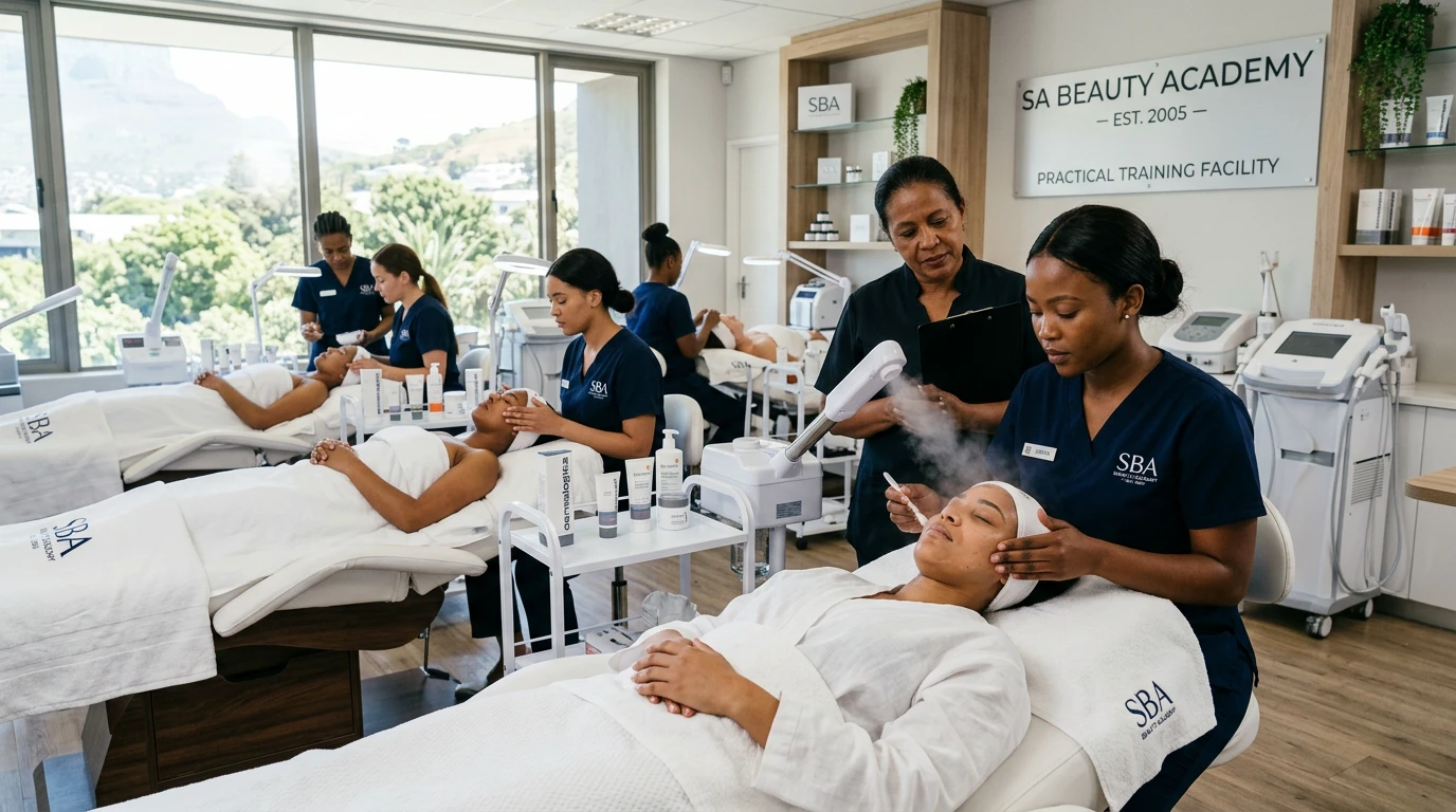 Beauty therapy student practising a facial treatment at a South African beauty academy
