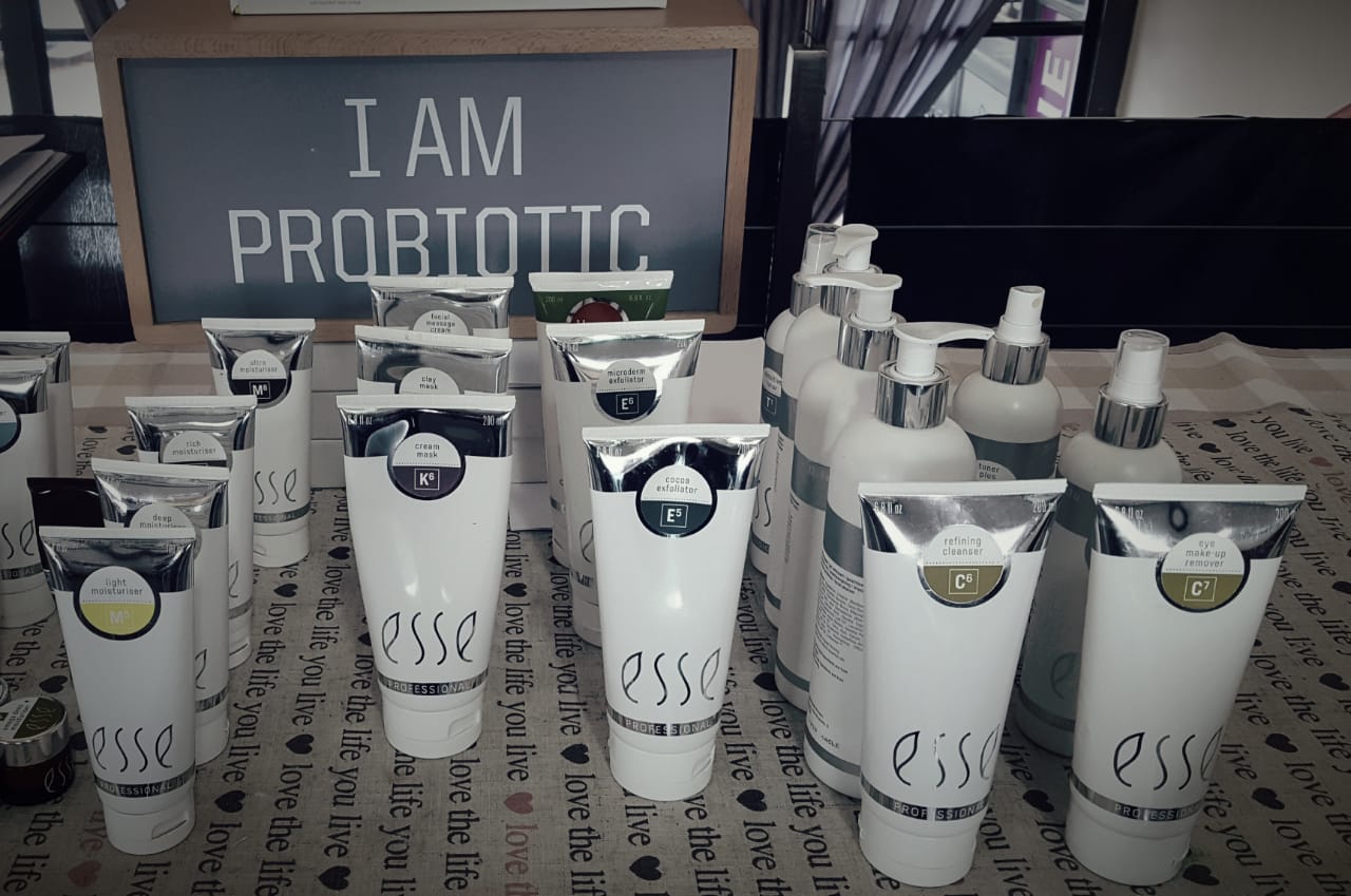 A collection of Esse skincare products on display