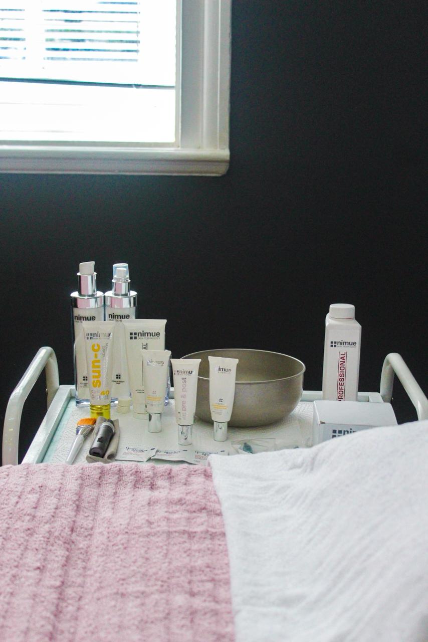 Nimue professional skincare products set up for a treatment